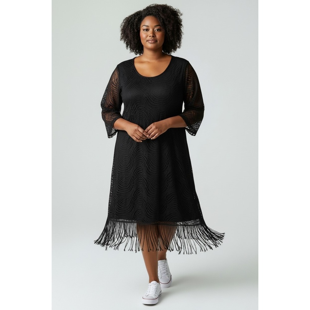 Catherines Black Lace Fringe Hem Shift Dress 2X Plus Size 3/4 Sleeve Scoop Neck